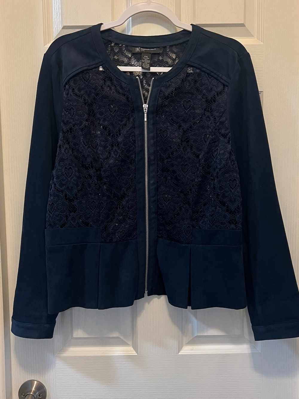 INC International Concepts Navy Lace-Front Zip Blazer
